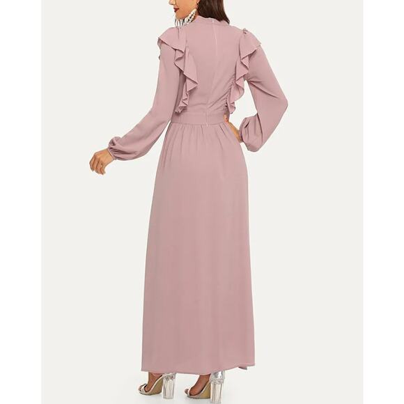 SHEIN Tie Neck Fit & Flare Ruffle Trim Long Sleeve Maxi Dress Rustic Pink Size M - Picture 2 of 11